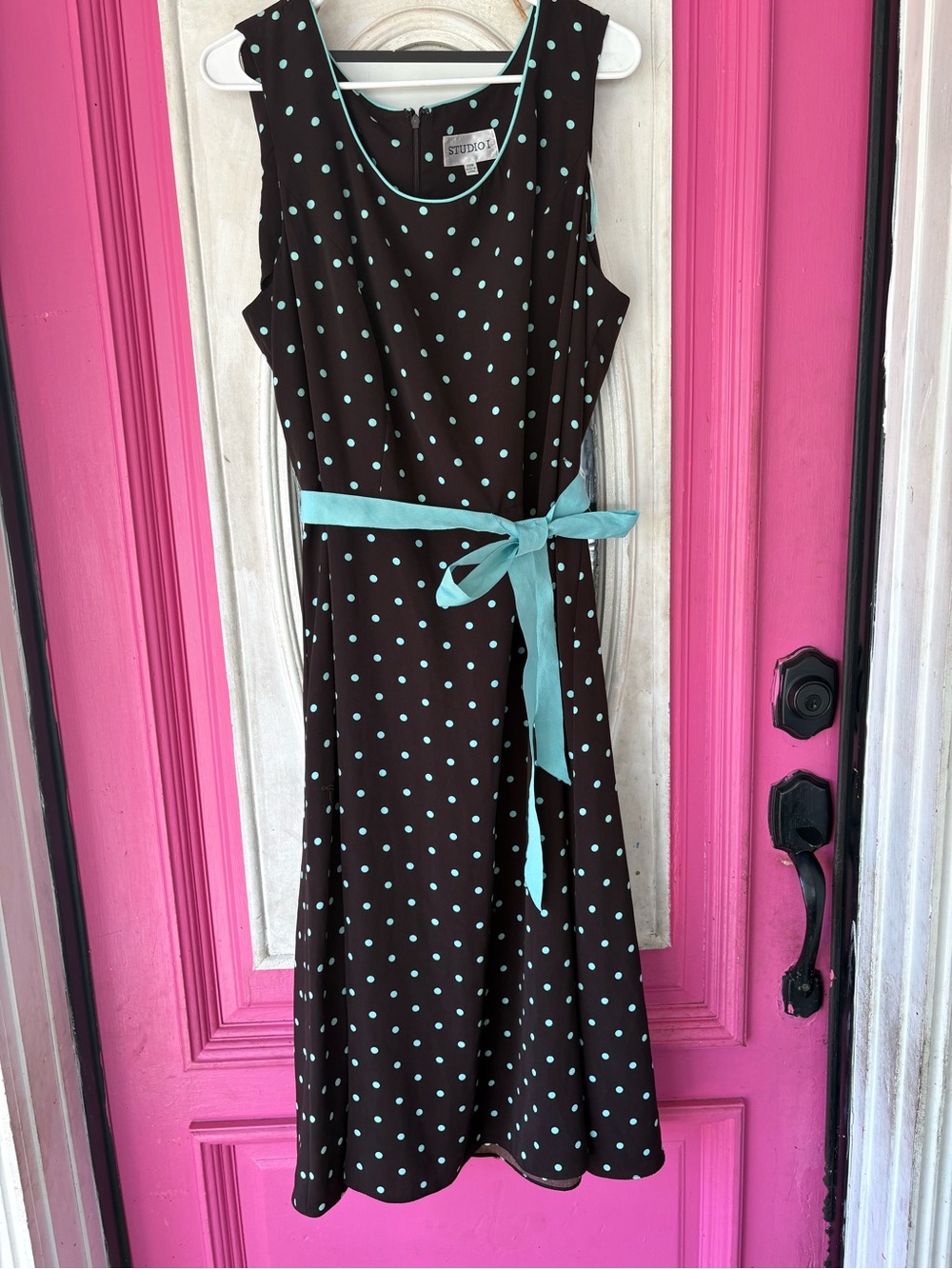 Studio I Black Dress with Aqua Polka Dots and Aqua Belt